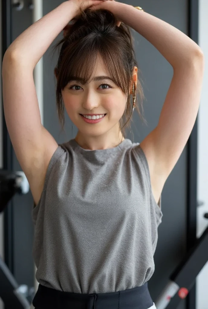 Look into the eyes, Eye contact, Front of face, face, Cross-legged, indoor, Brown Hair, bangs, Tank top, Sweat, clavicle, shoulder, Cross-legged, chest, Earrings, Skin Moisture, The gaze looking down on me, Look at me, Private room, smile, (Sweatまみれ:1.5)