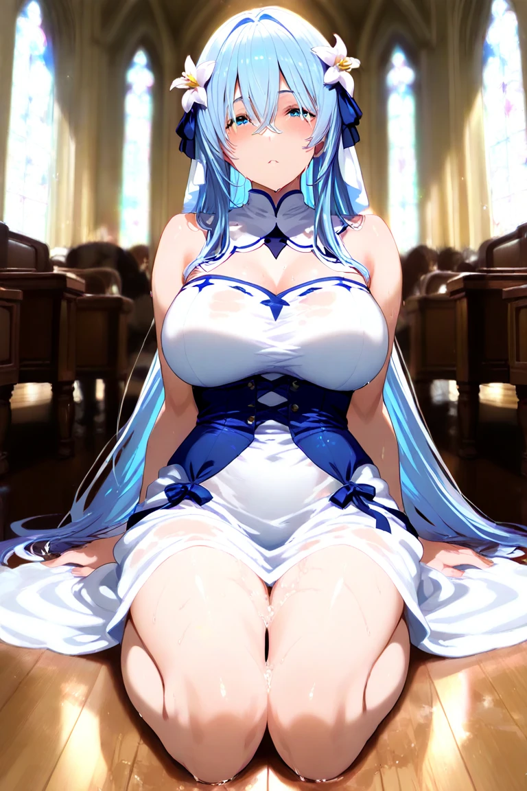 Show your pussy in the center、Spread your with your fingers、Perched on a chair、open the thighs、spread your legs、exposure、Open labia majora、so you can see my pussy、huge breasts、lean body、Big that look soft、Transparent pure white skin、Glossy skin、silver hair、blue eyes、view from below、no panties、