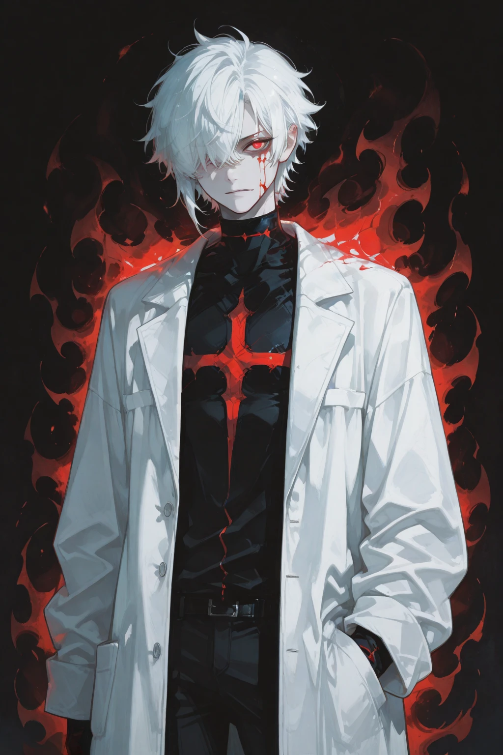 Create a slim but defined white haired male albino has large red cross tattoo wears open blouse jacket 