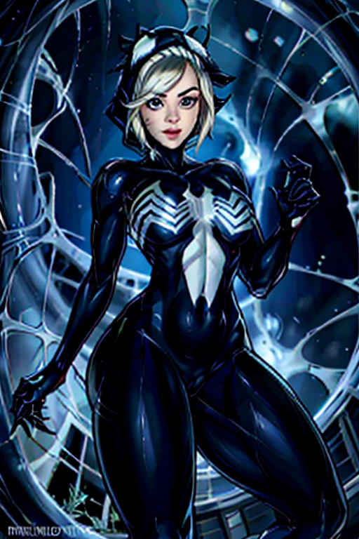 Obra-prima, 8k, realista,  good ilumination, (((Scarlett Johansson garota de 28 anos, terno preto do homem aranha venom com aranha branca no peito, loira))), cabelo comprido e sem corte, rosto bonito, chuva, telhado, obra-prima, detalhes trincados, anatomia perfeita, dinamic pose, pose de aranha