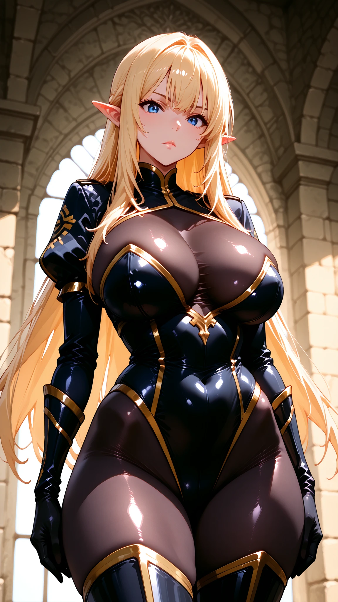 ((Highest quality)), ((masterpiece)), (detailed), (Perfect Face)、The woman is Princess Leona, with light brown, medium-long hair, wearing a shiny black, lewd, bare-shouldered bodysuit with an open-front skirt, standing upright and saluting, becoming an evil female executive.、Women are brainwashed, expressionless, and have no highlights in their eyes.