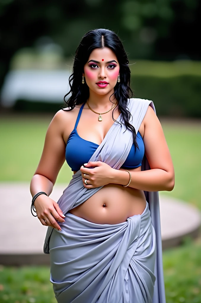 RAW photo, natural lighting, best quality:1.15) Indian woman Nisha, wearing colorful saree blouse, 30 years old, (chubby cheeks:1.1), (curvy body:1.4), (eyeglasses), (bindi), An Indian beauty, charismatic, fair skintone, view the viewer, naughty smile, balcony, (detailed facial features), sexy figure, side view, sexy navel, 