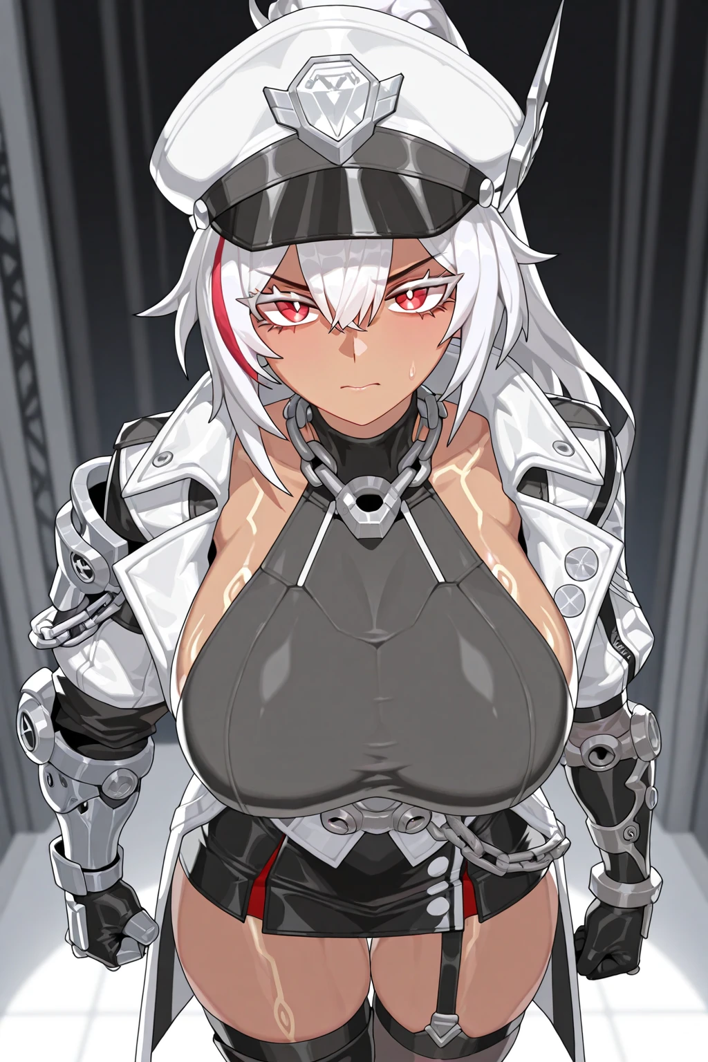 1girl, solo, wolf girl, wolf ears, short eyebrows, Animal ears, purple nails, white skin, large breasts, (hair over eyes:1.1), ringed eyes, pink pupils, silver hair, Pointy hair, Short hair, Asymmetrical bangs, Braid, (police:1.4), (handcuffs:1.2), (aroused:1.2), (hair fan), light blush, open coat, you gonna get eaten, sideboob, webcam, cyberlive, livestream,(cowboy shot:0.8), (expressions), ((databook)), (annotated:1.4), ((costume chart)), ((((how to)))), (text:1.4), (hips:1.6)