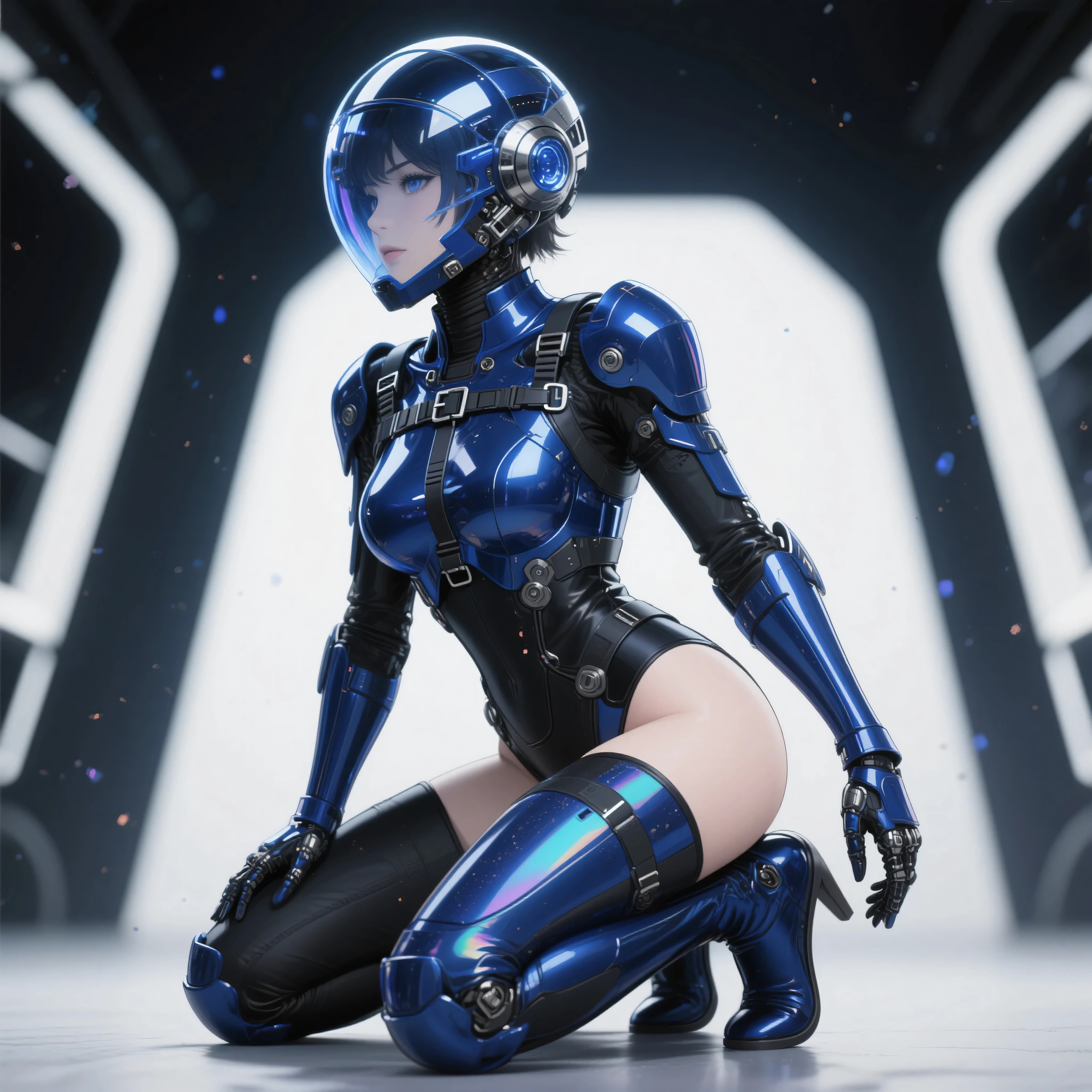 (masterpiece, highest quality, highest resolution, distinct_image, detailed details): (Solo, Girl Alone, Face is Japan Person, Short Cut, Girl with Black Hair, (Perfect Body: 1.4), Sparkly blue color eyes, Pilot suit in white and blue color, Tight fit clothes, Clothes covering the whole body, Very delicate and beautiful, detailed skin, Slim body, Exoskeleton, gentle smile, heroine, headset, boots, front, facing the viewer), inside the spaceship