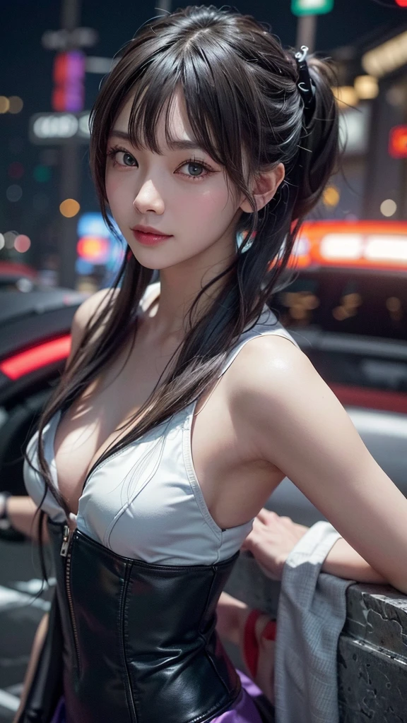 play sports often, (Blue Bunny Girl:1.2), (cleavage:1.2)、No panties, (Cyberpunk settings: 1.2), compensate,, (1 girl: 1.4), highest quality, masterpiece, (reality: 1.2), young woman, lady, detailed face, fine eyes, fine hair, fine skin, looking at the viewer, dramatic, vibrant, sharp focus, 50mm, f1.2, EOS R8, (3/4 body: 1.2), (bare shoulders:1.4), (With Akihabara in the background: 1.6), (highest qualityの詳細: 1.2), 8K HD,(spread legs:1.2),