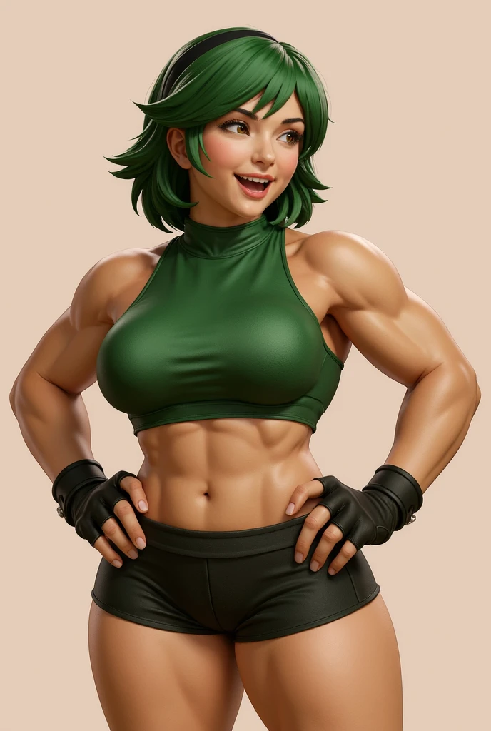 25 year old girl manga style ,delgada con cabello corto color  estilo bob color amarillo,ojos verdes oscuros, con mirada linda  y sonrisa  con busto estilo nanatsu no taizai,with anime style clothes,with top and crimson red chameleon tattoo on the abdomen 