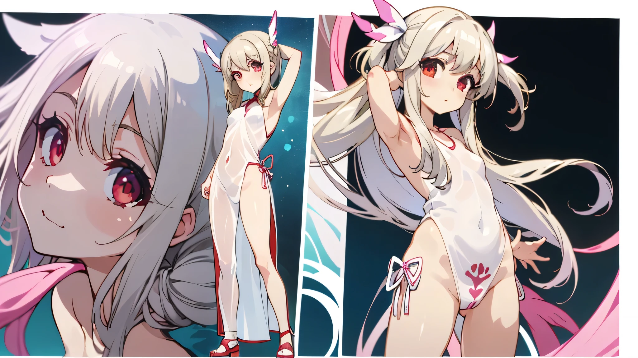 four pictures with different expressions in the same drawing style each shows one woman and two other girls, a few cartoon images of the same female character that i'm not sure what this is, a young girl touching her stomach and her breasts, a collection of sketches of several women, two pages show a woman in underwear next to another girl wearing a thongy panties