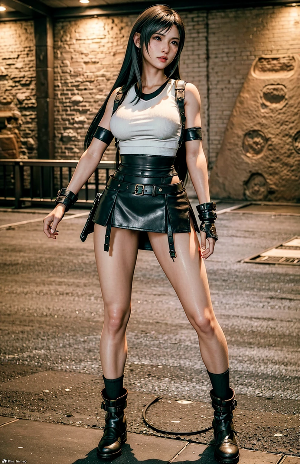 Tifa Lockhart, realistic lighting, ((pele extremamente detalhada)), (olhos perfeitos), (((perfect hands))), (curvy hips:0.8), (cinematic lighting), (fotorrealista:1.2), (desaturado:1.08), 8K, DSLR, (Bokeh), ultra high resolution