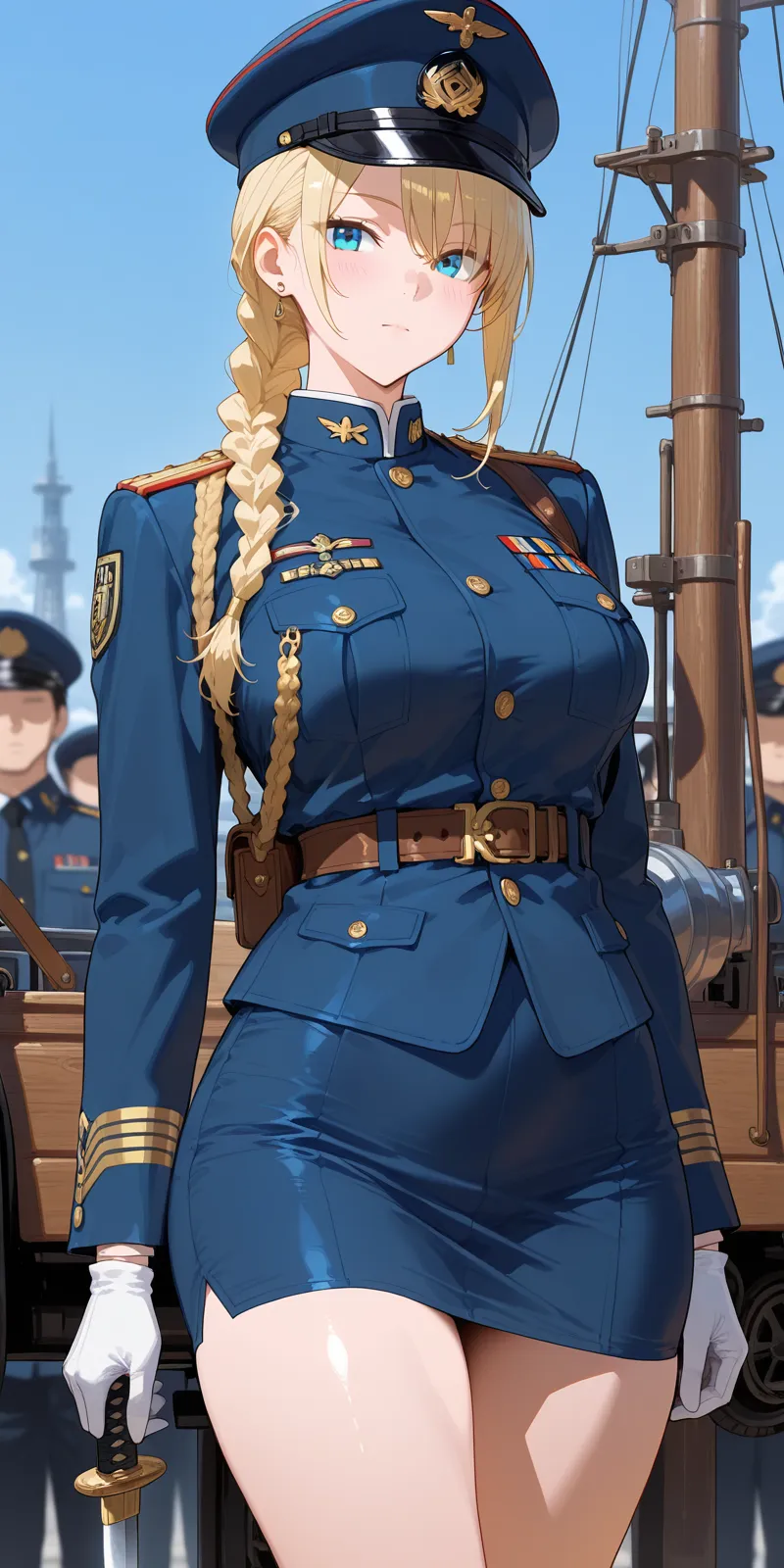 score_5_up,score_6_up,score_7_up,
 1girl, solo, salute, wearing (uniform, ascot, gloves, cap), long hair, drill hair, large breasts, covered nipples, mountainous_horizon, sky
