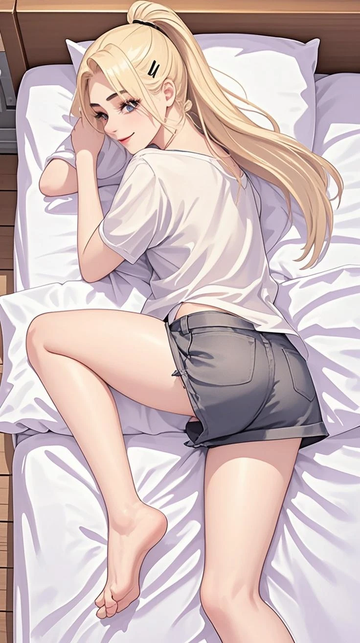 From above, from behind, lying on stomach on a bed, lifelike, high - resolution, full body, sexy skinny teenage girl, with a perfect body, 16, amazing beauty, blonde, extraordinarily attractive, wet, natural Brazilian booty in shorts, booty hanging out of shorts, pretty feet, perfect feet, perfect toes, detailed feet, pedicure, big booty, plump cheeky booty, hands tied behind back