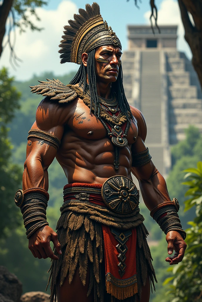 In the jungle、A warrior stands。The warrior is one of the primitive tribes.。The warrior's body is muscular、As strong as a professional wrestler、fairly broad shoulders。The warriors' bodies are covered with tattoos and body paint.。