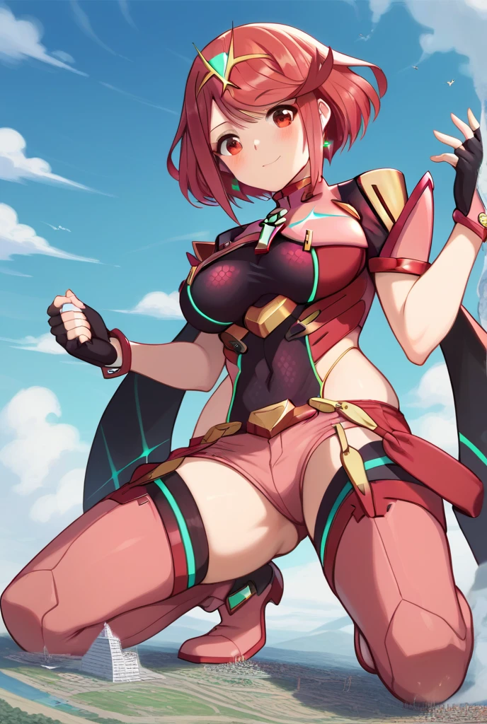 pyra \(xenoblade\), teen_1girl, loli, bangs, black gloves, breasts, red eyes, shout, earrings, eyelashes, fingerless gloves, floating hair, , gem, gloves, hair ornament, headpiece, jewelry, big_breasts, leaning back, swimsuit, neon trim, official art, pose, red hair, saitou masatsugu, short hair, sidelocks, skin tight, solo, swept bangs, thighhighs, tiara, fantasy_town_background, underbust, xenoblade chronicles \(series\), (xenoblade chronicles 2), (spread_legs:1.1), fire_effect,dynamic_pose,fighting,light_smile, (plump:1.1), big_ass,huge_sword, hold_large_sword_hilt, covered_nipples, covered_pussy, fists,ponytail,beautiful_fingers,(solo:1.1), bare_shoulder,(shoulder_naked:1.2), nipple_jewel,