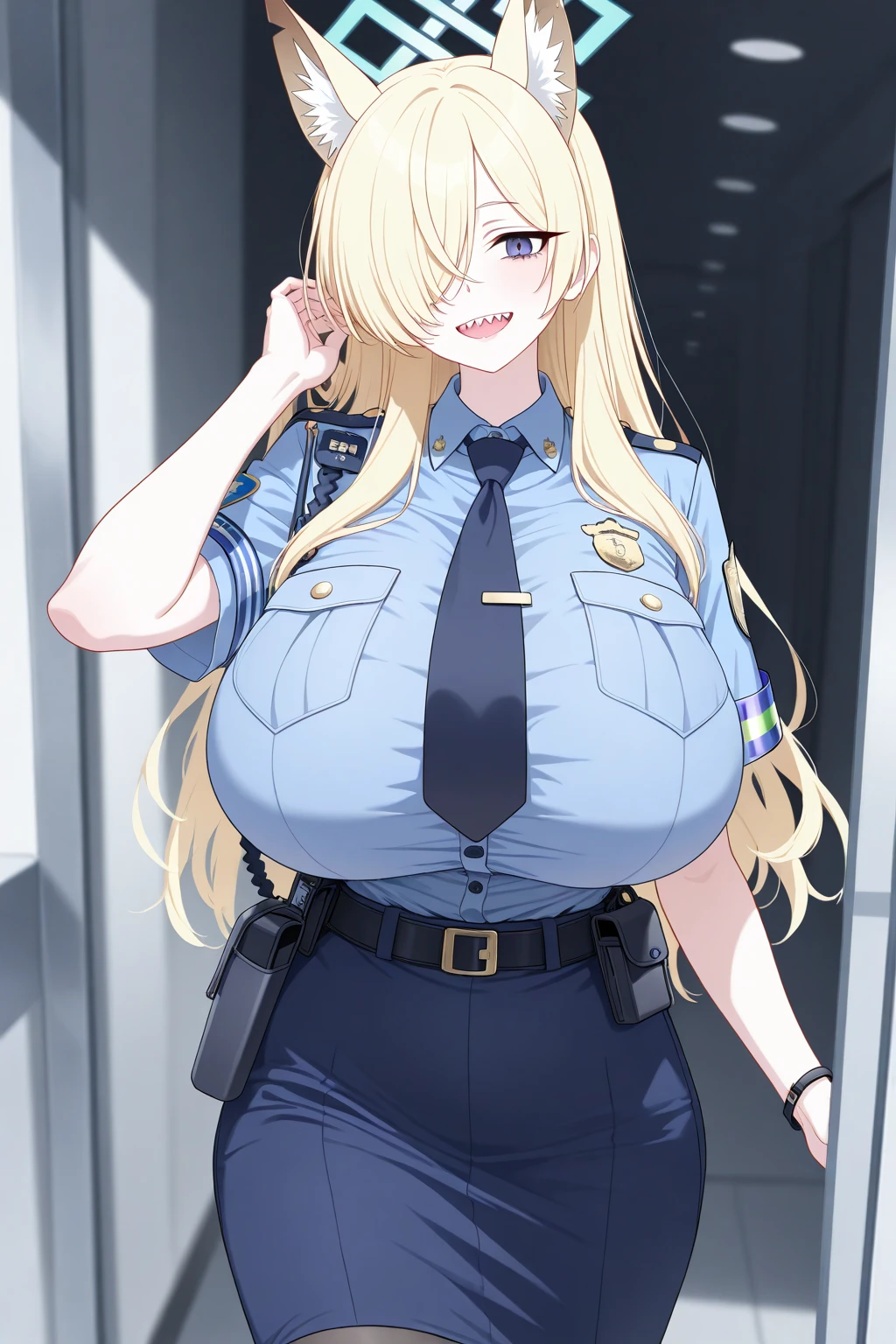 (High quality, High resolution, Fine details, Realistic), Locker room, Women police officers' clothing, long pants, solo, Curvy women, Blonde hair, sparkling eyes, (Detailed eyes), smile, blush, Large breasts, Sweat, Oily skin, Shallow depth of field