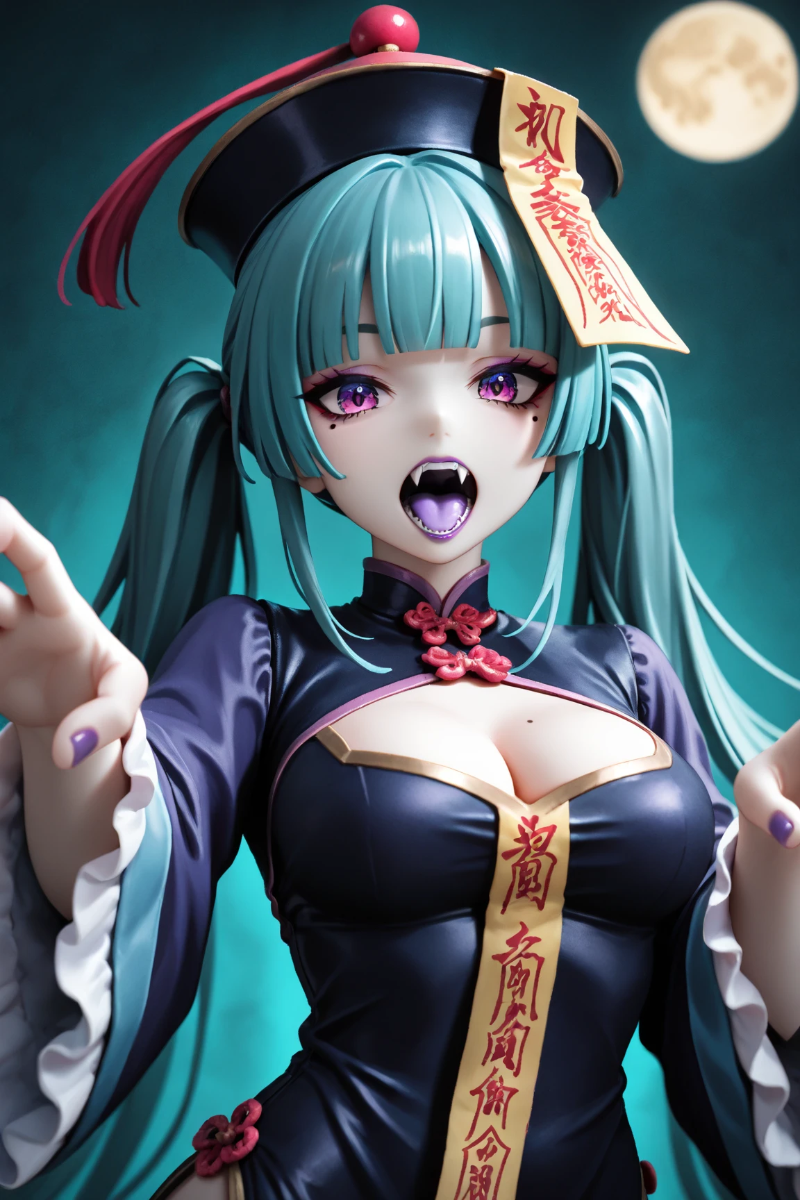 masterpiece,best quality,good quality,
1girl,breasts,solo,open mouth,ofuda,cleavage,purple nails,hat,jiangshi,twintails,looking at viewer,cleavage cutout,purple tongue,mole,purple eyes,dress,zombie pose,black headwear,mole under eye,clothing cutout,fangs,outstretched arms,chinese clothes,teeth,upper body,long hair,green hair,long sleeves,talisman,qingdai guanmao,green background,black dress,nail polish,colored tongue,fingernails,makeup,moon,purple lips,eyeshadow,blunt bangs,aqua hair,frilled sleeves,tongue,wide sleeves,medium breasts,