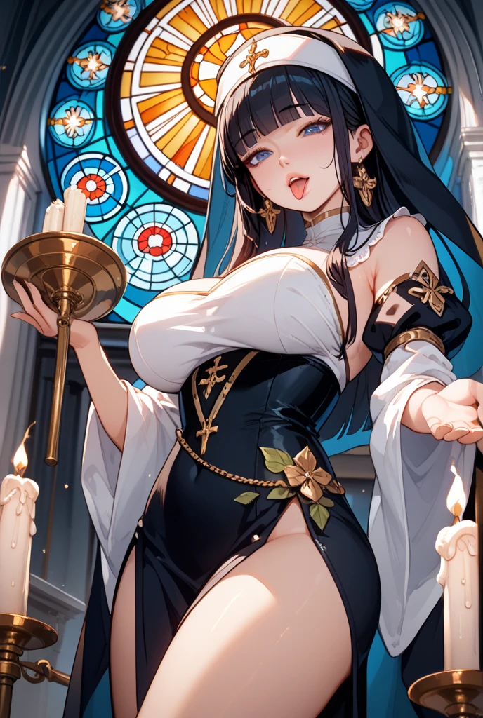 Busty black haired priestess standing holding a book