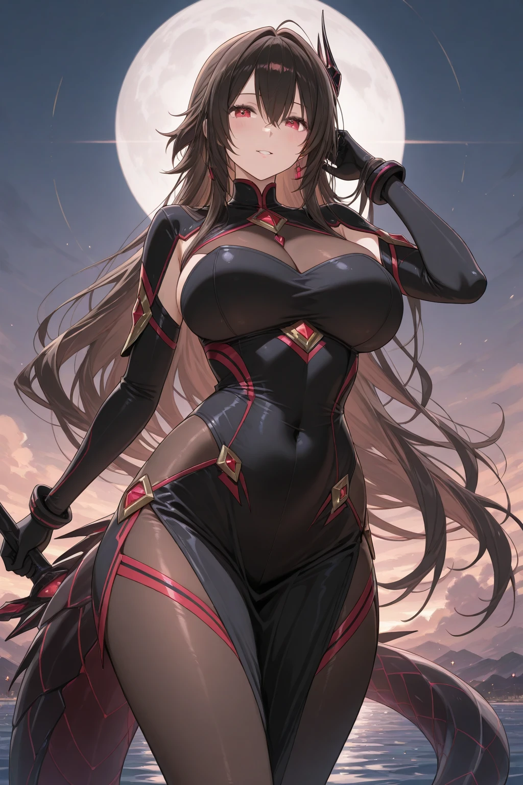 ((highest quality)), ((masterpiece)), (detailed), Perfect Face、((Mizushiro Yukikaze、1peopleのみ、Taimanin、female、Brown skin、brown hair、Perfect proportions、See-through black pareo、Taimaninスーツ、Devil Leotard Dress))、Dark Room、femaleは1people