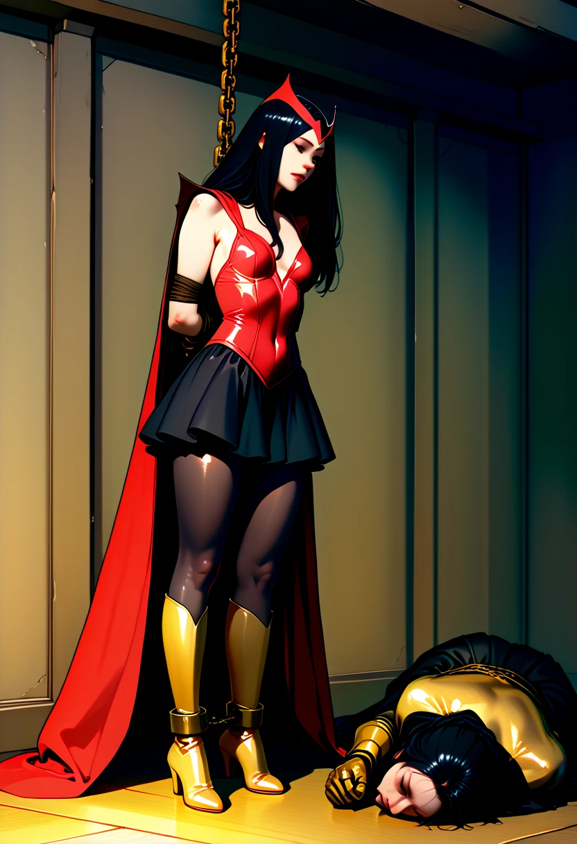 full body back shot, dramatic angle, superheroine, named crimson bullet. but she is defeated by enemies and captured them, ((now, she is whipped)), she is kneeling, her eyes closed, helpless, humiliating, regrettable, she remains tied up, ((rough rope wrapped around chest tighten up2.5)), static restrained, ((arms behind back 2.5)), ((screaming in pain)), full body shot, in underground base, she wears a form-fitting red bodysuit (sleeveless) that accentuates her athletic figure. The bodysuit has gold accents, a star emblem on the chest, and intricate designs on the shoulders, hips, and thighs. The suit's material has a metallic sheen that reflects the surrounding light, emphasizing the futuristic theme. Her hair is shiny black and very long has well-groomed waves. She wears long red metallic gloves and matching thigh-high boots, both decorated with gold trim. A futuristic gauntlet is worn on her right arm