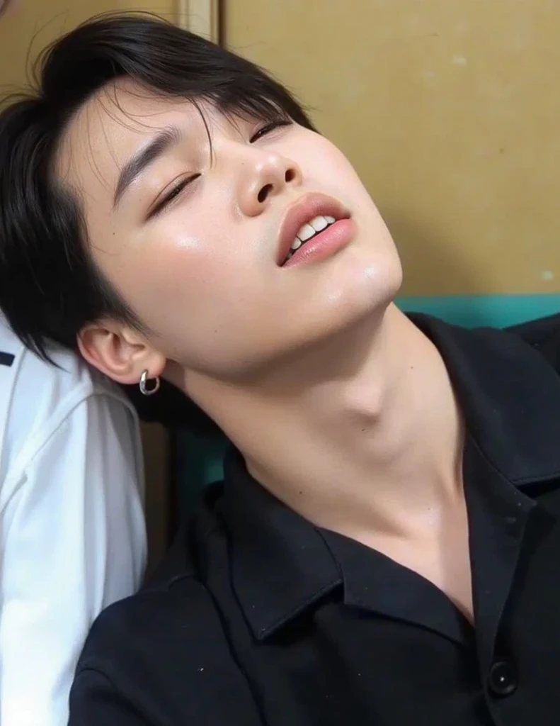 Ultra photorealistic, 20 year old, handsome model, Korean man, nude, on top of the bed, penis, Top view, expression of ecstasy/orgasmic, cumshot, cum on chest and face