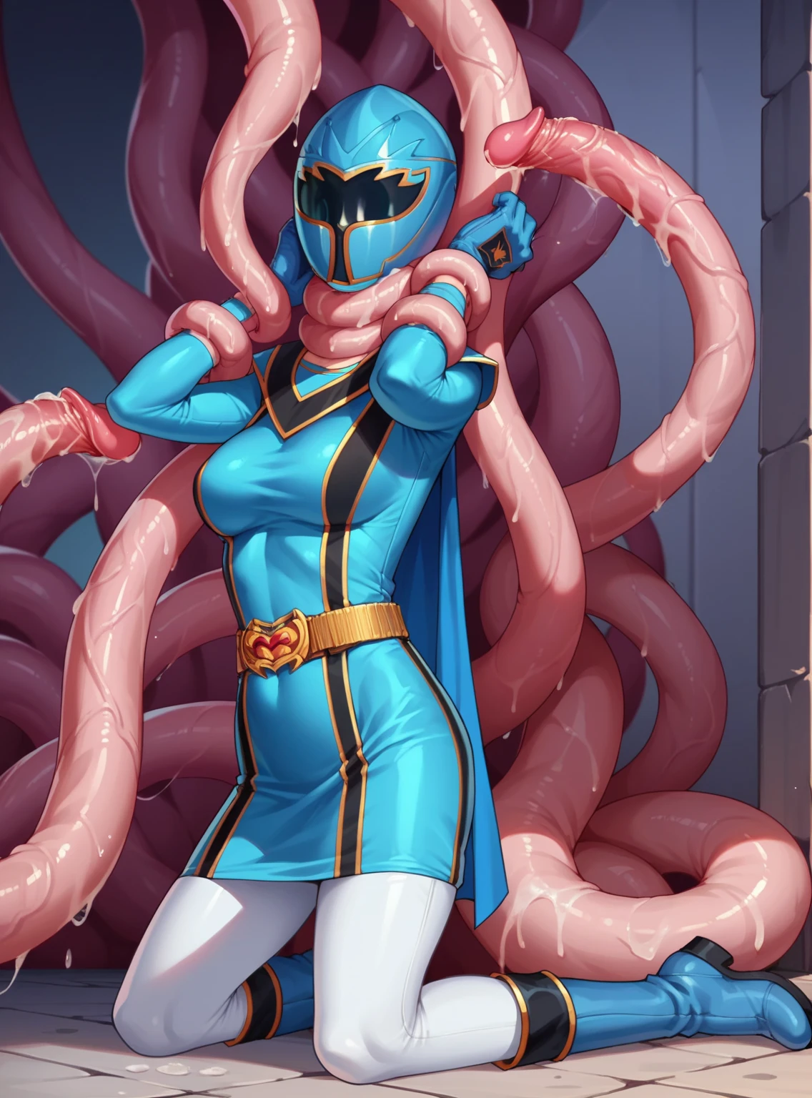 Barbara(Genshin Impact),(height 57.9cm,B58.2cm,W45.9cm,H77.6c)、Modest chest,Blonde twin tails,Blue Eyes, ,high resolution,high quality,High resolution,(Anime Style),Beautiful images,Clear images,(Cute Girls),(1 girl),whole body(from head to toe)、Transformation Heroine(White wetsuit-type reinforced skin),(Ultra Girl),(胸元で光るHeart-shaped brooch),Heart-shaped brooch,(胸元のHeart-shaped broochに触手が侵入する),(The energy core inside the body is violated by tentacles)Attacked by tentacles,Being held captive by tentacles,(Heart-shaped broochから光の粒子が漏れ出ている,Heart-shaped broochから光の液体が流れ出している),(Tentacles are sucking on the crotch),(Love juice is flowing from between her legs),(Heart-shaped broochが赤く点滅している),Have a naughty face,It feels good and I'm in agony,Vulgar in a naughty sense,Ecstasy,Profanity, steam(mist),Wet,Sweat,Climax,Eyes closed,Watery eye,Mouth open,