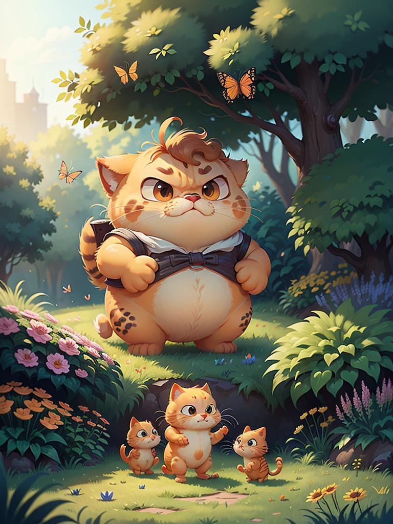 c4tt4stic,Garfield,Catching butterflies in the garden,Best quality,8K,A high resolution,tmasterpiece:1.2,ultra - detailed,