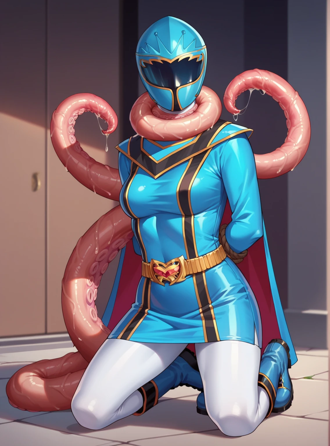 (masterpiece:1.2, Highly detailed portrait:1.2, highest quality:1.2, High resolution:1.2, 16K HDR:1.2), reflected light, Very beautiful female heroine, ((Anatomically correct)), ((One Girl)), alone, ((Super huge boobs:1.5, Super huge breasts:1.5, Super huge boobs:1.5, Super huge breasts cleavage:1.5, Yawn and close your eyes:1.25, heroine full face helmet:1.3)), ((Exposed nipples:1.5, Blue heroine costume, Full Body Suit, Latex suit)), (Thick and intricate lines drawn on the chest, Suit side lines, internal, the suit is pink、Also includes long gloves, White boots), (Very shiny helmet and suit), 3D Helmet, Combat pose, ((In an abandoned building, underground)), Sex with tentacle monsters,