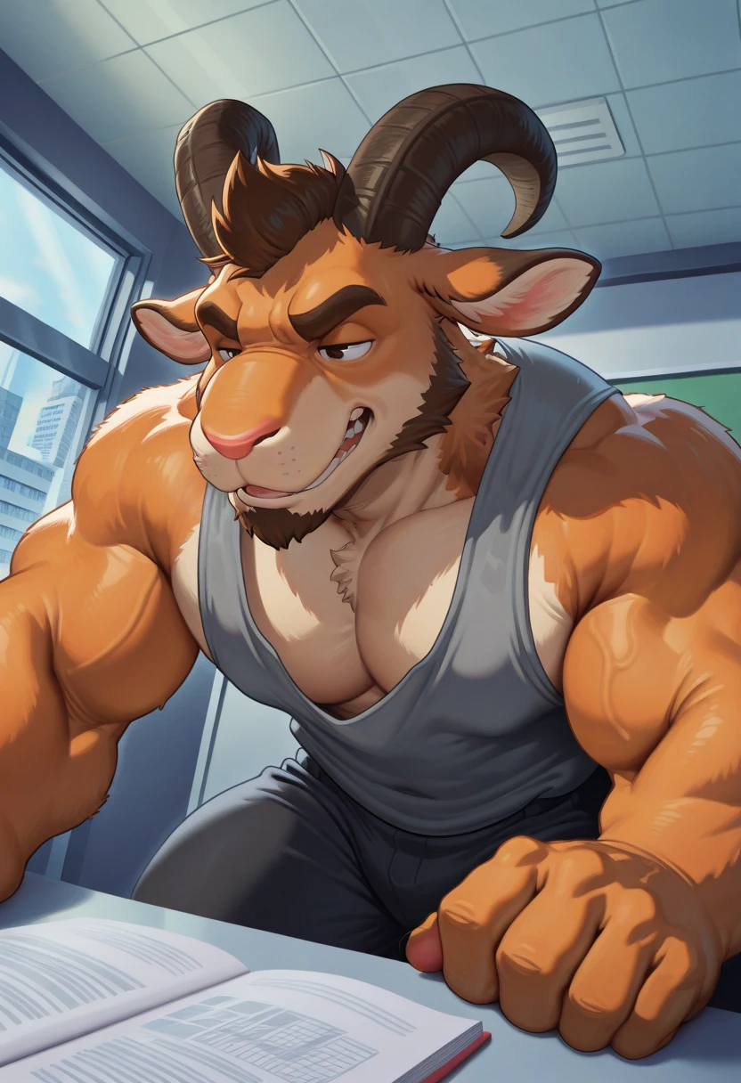 solo, male, muscular, big muscles, thick, thick body, long hair, buff, biceps, smirking, frat, frat_bois, bro, fraternity, barazoku, Minotaur, university, gym, sports, dramatic lighting, sweat, working out, athletic wear, tank top, shorts, clothing, clothed, headwear, facial hair, baseball cap, beard, large bulge, chain necklace, prince albert piercing, open pants, suggestive, pre-cum, (by chunie, by mystikfox61, by darkgem),