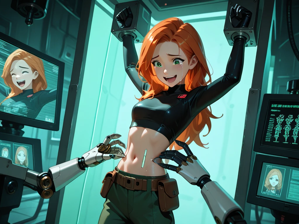 Stylish woman, thicc, supervillain, spandex bodysuit, Beautiful face, long ombre hair, freckled face, front tooth gap, In her late 20's. (Restrained inside the "automated tickling device"), bristled brushes touch her all over. She is inside a large machine. Eyeshadow, sultry eyes. restrained by metal straps and padding, arms restrained above her head, armpits shown, her body immobilized by straps and padding. Tickled by mechanical ticklers. Laughing in pleasure, tickled silly, automated tickling. 