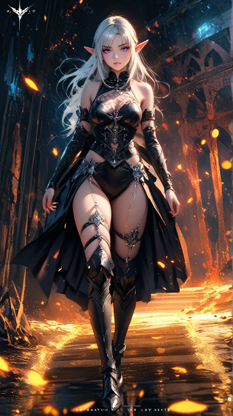 Voluptuous, Busty Blonde Female Dark Knight in ((((Black Full Plate Metal)) Bikini Armor)), Red Eyes, Thigh high Full Metal Plate Armored Boots. (((Full Body View))), Long hair, Messy bun, Wielding a Black Great Sword, (Red Cloak), (Red Pleated Skirt), detailed, perfect makeup, beautiful lips, large hoop earrings, (METAL bikini armor), No Helmet, (No Spikes), Tall girl, Long legs, (Solo, 1girl)