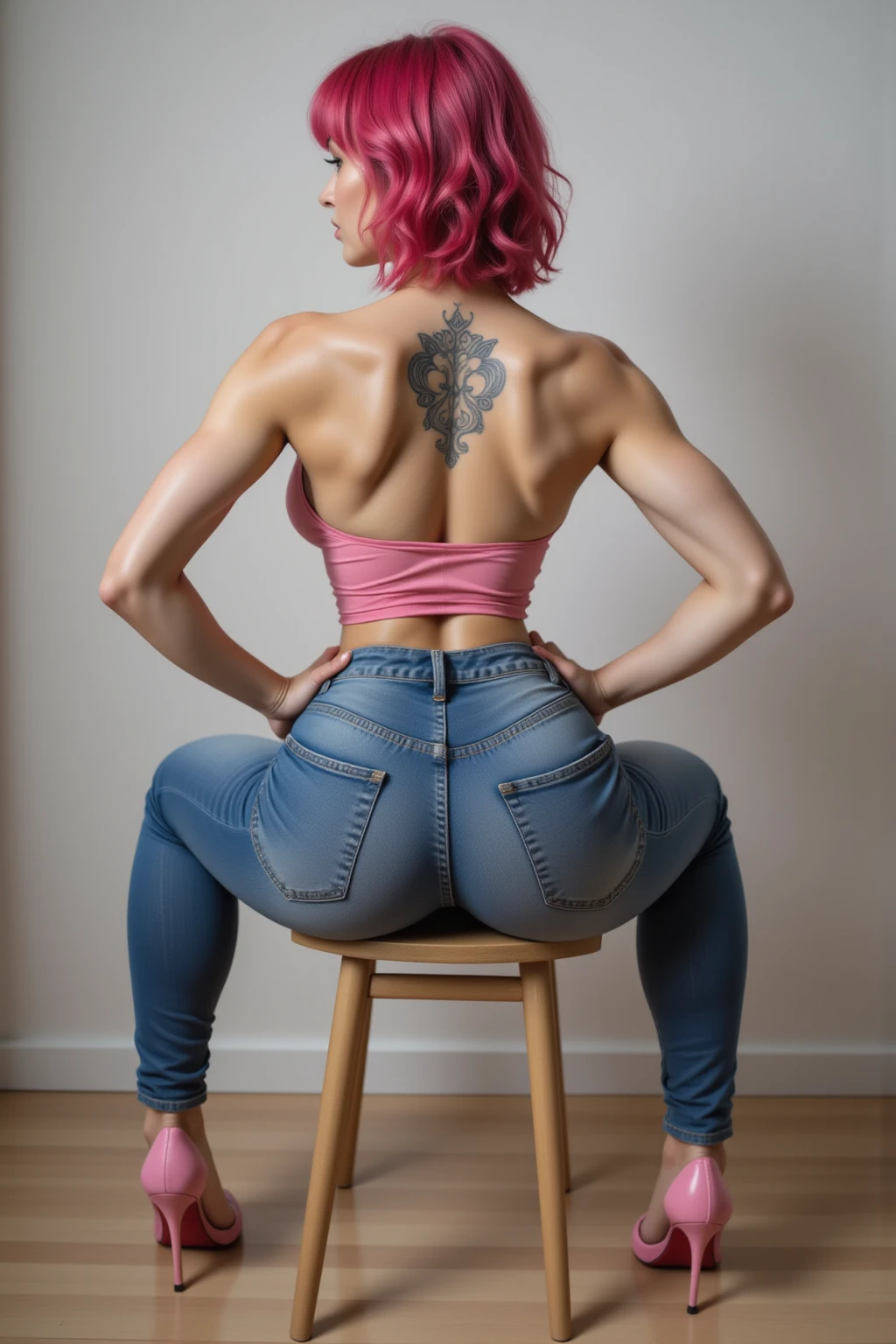 25 years old, 36DD, white tank top, jeans, right side stud nose piercings, ripped jeans, Cool Shape Shave, Multiple Ear Piercings, Long hair, ((Pink hair with orange highlights)), hospital background, takeaway costa coffee cup. big cleavage, tight tank top, plain skin, realistic, 4k, 36dd, ((Best Quality)), ((masterpiece)), ((realistic)), Nikon Z 14mm ultra wide-angle, 8k UHD, photography,skin pores, subsurface scattering, radiant light rays, high resolution, detailed facial features, high detail, sharp focus, soft, aesthetic, half body, very detailed, ((very detailed eyes, very detailed iris)), award-winning charming full body shot, bent over table, ((leaning forward on table)), ((Arched back)), ((resting hand on table)), ((holding herself up with her arms)), pushing ass towards viewer, Paint splattered top, Jeans, nose piercing, Lip Piercing, ripped jeans, Multiple Ear Piercings, Blue Eyes,