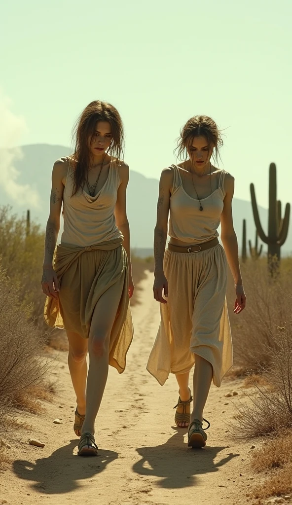 alone in the universe, in watercolor style, Photorealism, discreet golden and ruby and mint shades, (nude) a gentle, modest, thin girl of 16 years old with a very beautiful, sophisticated face of the southern type with a short dark hairstyle with beautiful breasts with tender nipples (barefoot) in a long old green skirt walking in the distance (Across the desert) with a metal green flask of wine, stunted little plants, drought, precious jewelry on the neck and chest and on the wrists, precious bracelets, ankle bracelets