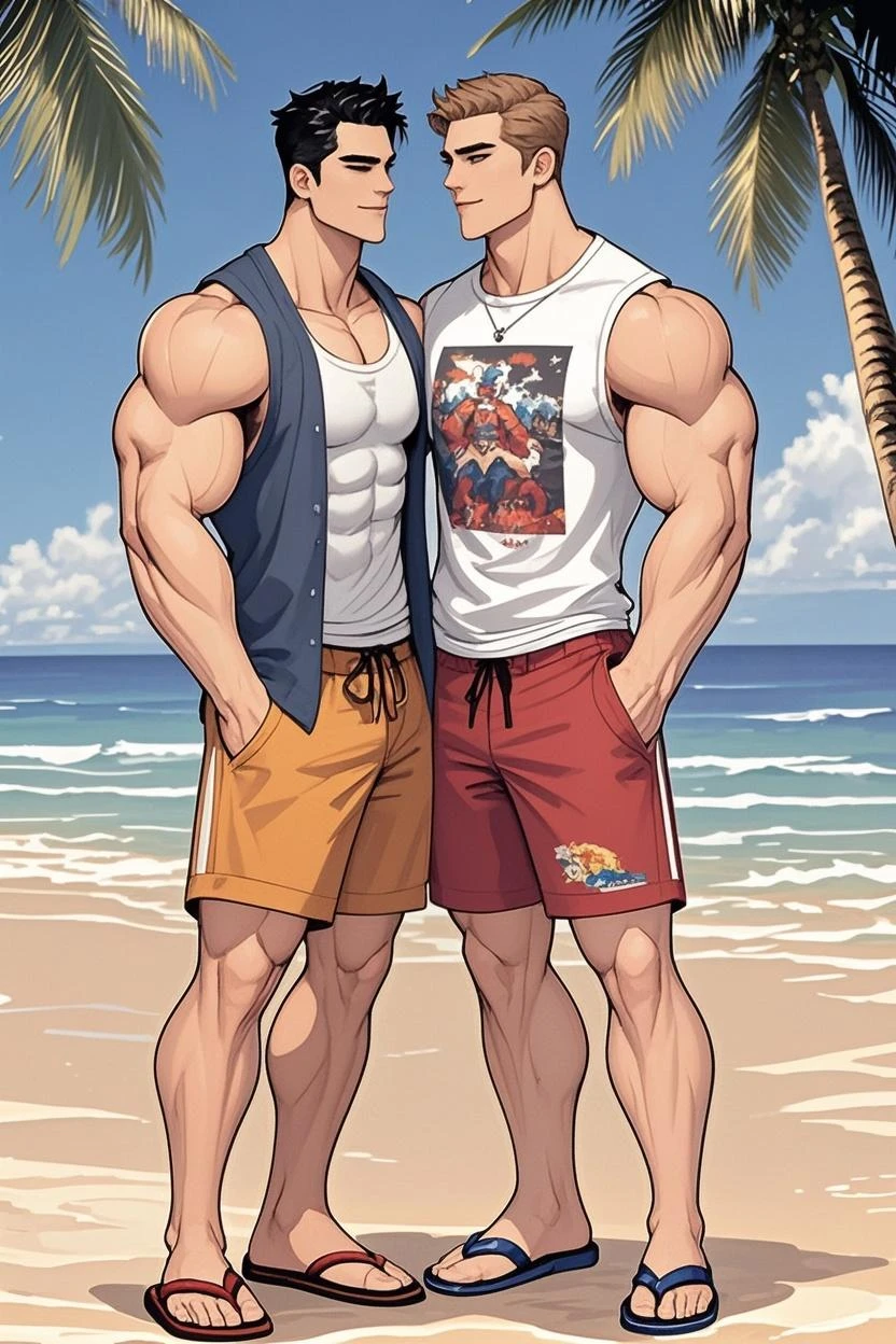 Clear background、Two handsome tall Japanese men standing face to face looking at each other, face very close,They are 28 years old,Thin waist,The pectoral muscles are well developed, Height 175cm,Weight 62 kg、yellow-green eyes、brown hair color、short hair、Shirtless、swimming trunks、Shy expression,Tanned skin,beach,Palm trees,hibiscus bush
