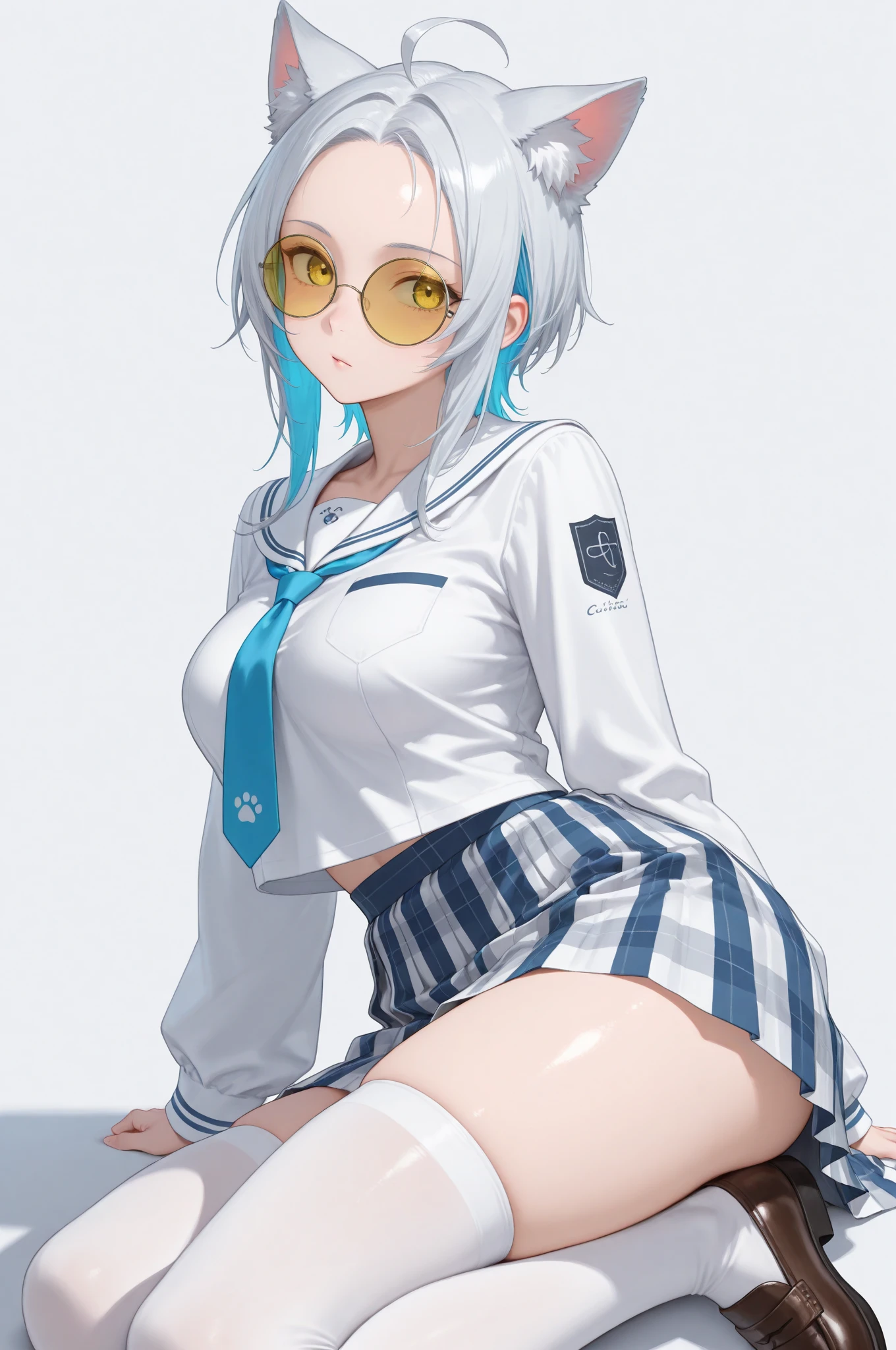 best quality, ultra precision, 1girl, cute, little girl, young, boyish, childish, small breasts, silver hair, cat ears, blue eyes, beautiful eyes, girl, ecstasy, sailor collar, estrus, metestrus, start to undress, naughty mood, she loves you, sexy. lost virgin, virgin, blush, beautiful skin, big bow on chest I'm not wearing panties