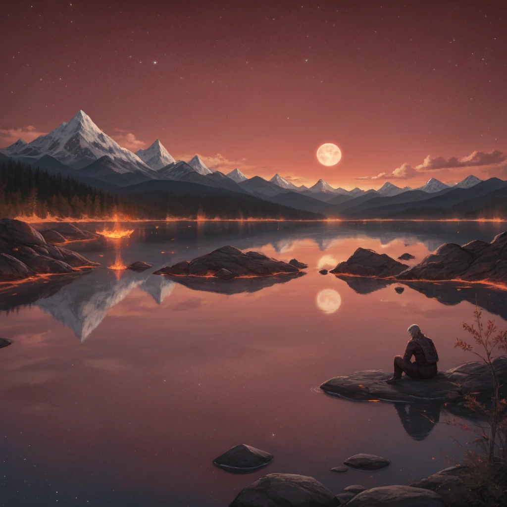 moon, scenery, sky, outdoors, star \(sky\), no humans, reflection, lake, starry sky, cloud, full moon, water, night, , sunset, red sky, mountain, night sky, fire, , , fantasy, red moon, lava

masterwork, masterpiece, best quality, detailed, depth of field, high detail,  depth of field, dynamic angle, adult, aged up