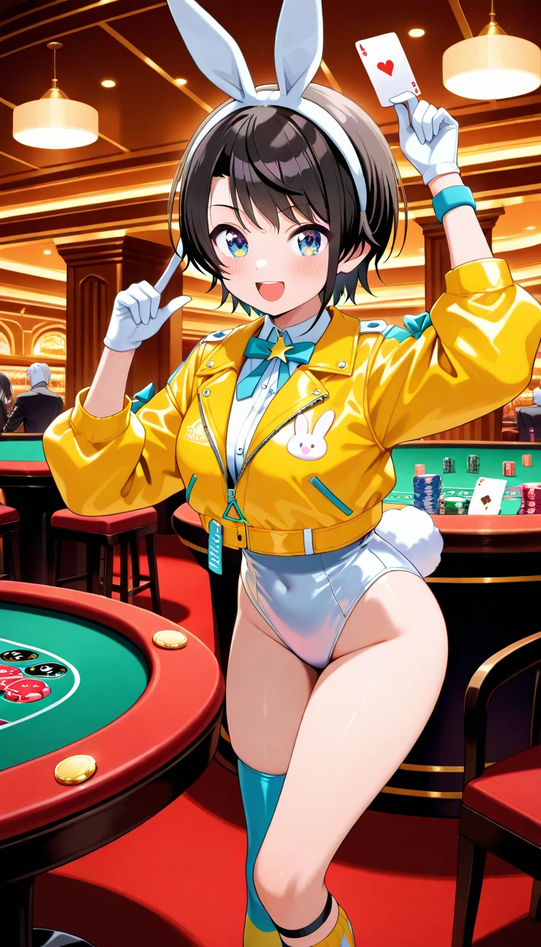 Anime illustration、highest quality、cyber punk、Otherworldly fantasy、Alice in Wonderland、Luxury Casino、A plump bunny girl with brown skin、Giant roulette wheel、Bunny ears、Perfect proportions、Big Breasts、Thick legs、Beautiful, shining eyes、Blushing、smile、Leg spread