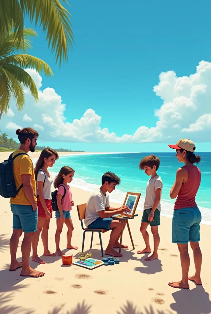 crowd of people dressed only in swim suits, looking on smartphones on beach, water, sitting, standing or laying, color, children, adults, man, woman, future times, child with smartphone in front of picture, sunny day, clouds, real photo