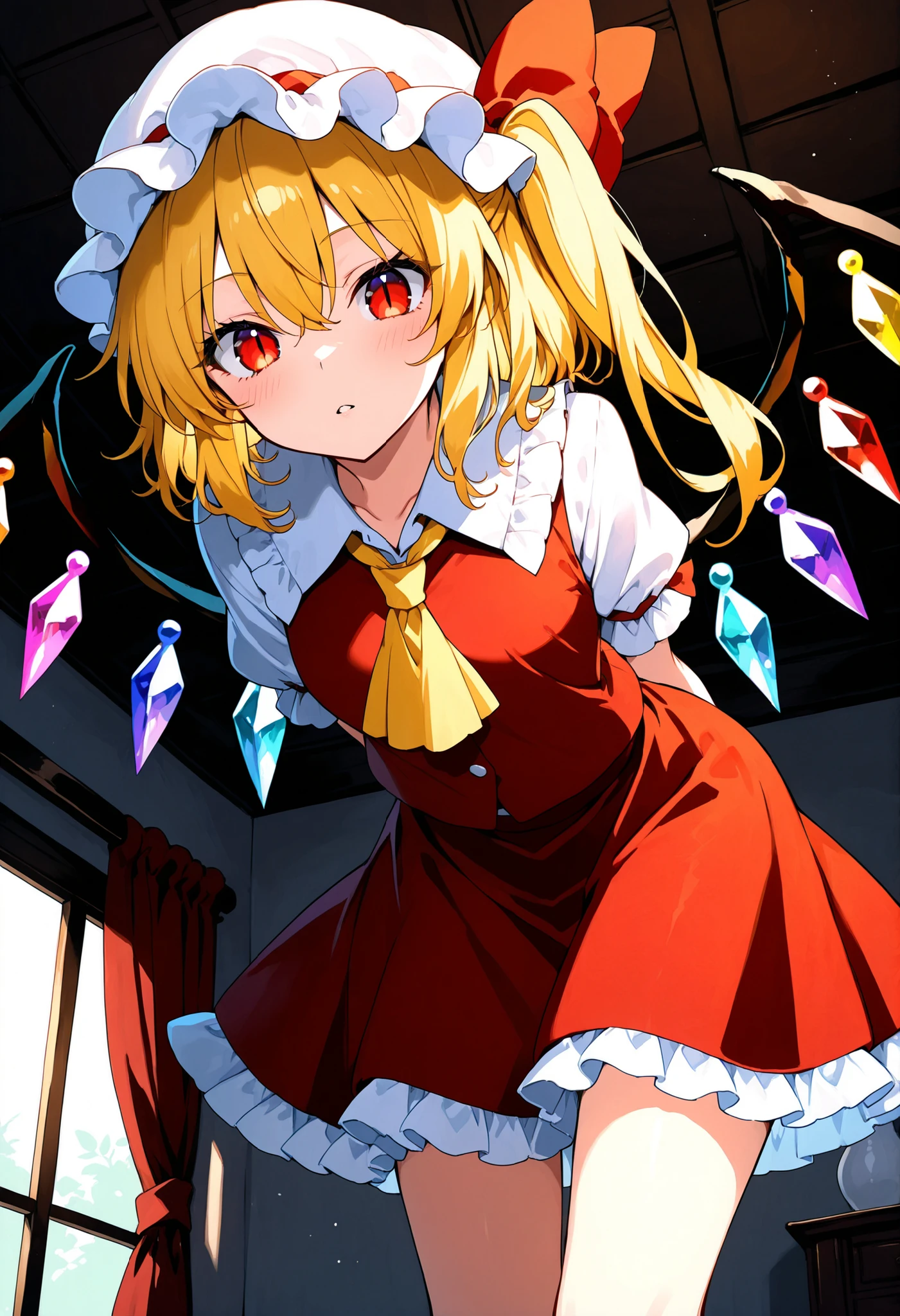top_quality, super_high_quality, delicate_drawing, flat_anime_style, nsfw, look_at_view, low_angle, close_angle, 1girl,vcool, flanN, Flandre_Scarlet_Touhou, blonde_hair, side_ponytail, red_eyes, hair_bow, red_bow, hair_between_eyes, slit_pupils, white_headwear, wings, crystal, crystal_wings, white_puffy_sleeves, white_sleeves, short_sleeves, red_vest, yellow_ascot, red_skirt, frilled_skirt, miniskirt, frills, small_breasts, confused, parted_lips, standing, leaning_forward, arms_behind_back, sexy_pose, beautiful_body, slim_body, room, uncensored
