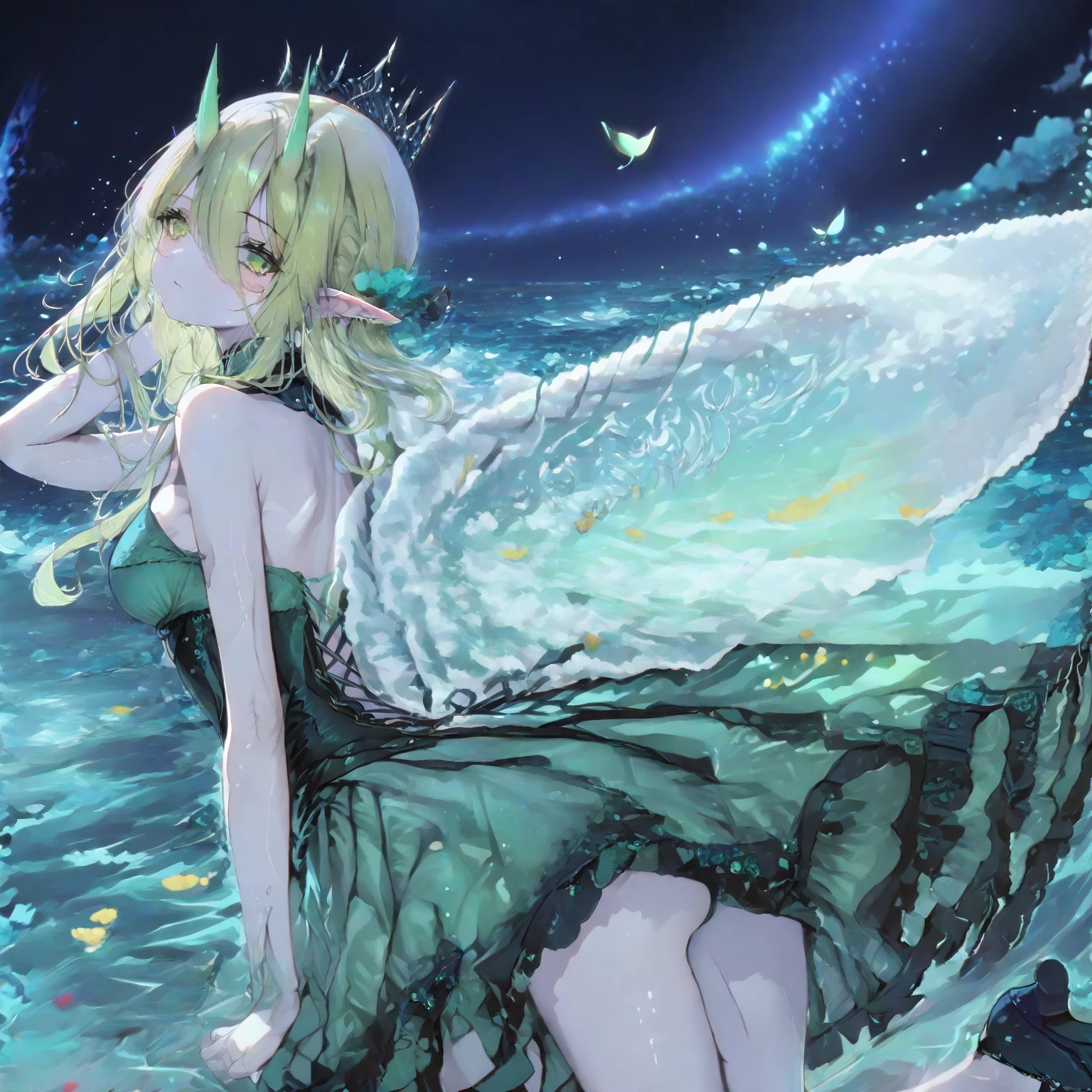 (masterpiece), (Best Quality), (Ultra-detailed), (((Anatomically correct))),(2girls:1.5), (Pair1.5),
(((Moe))), (((kawaii))),(short in stature:1.5),(10-year-old:1.5),
(two young little Princess of the High Elves:1.5),
(older sister holds younger sister in her arms:1.5),
((big tits)), ((large thigh)),
(green hair:1.5),
(older sister has large breasts and long hair:1.2),
(younger sister has small breasts and long twin-tails:1.2),
(((underwater))),
((Seabed)),
(coral reef),
((The ceiling is water surface)),
(Jump and dance:1.5),
(looking away:1.5),
(See-through:1.5),(open chest:1.5),(show through the chest:1.5),(deep slit:1.5),(short ruffles:1.5), (show underwear:1.5),
(older sister wears a shiny pink wedding negligee with silver trim and silver embroidery:1.5)
(younger sister wears a shiny white wedding negligee with golden trim and golden embroidery:1.5)
(white underwear:1.5),
(white veil:1.5)
(blue cloak:1.5),
(hair ornament made of ivy:1.5),
(brooch made of flowers and leaves:1.5),
(white see-through Knee-socks), (garter belt:1.5),(barefoot),(long gloves), (earrings),
(((drowned))),
(((open mouth wide in fear))),
(((painted eyebrows))),
(blowing in the wind:1.5),
A lot of small bubbles, depth of fields, Dutch Angle, god rays,
(from below:1.5),
(from back:1.5)