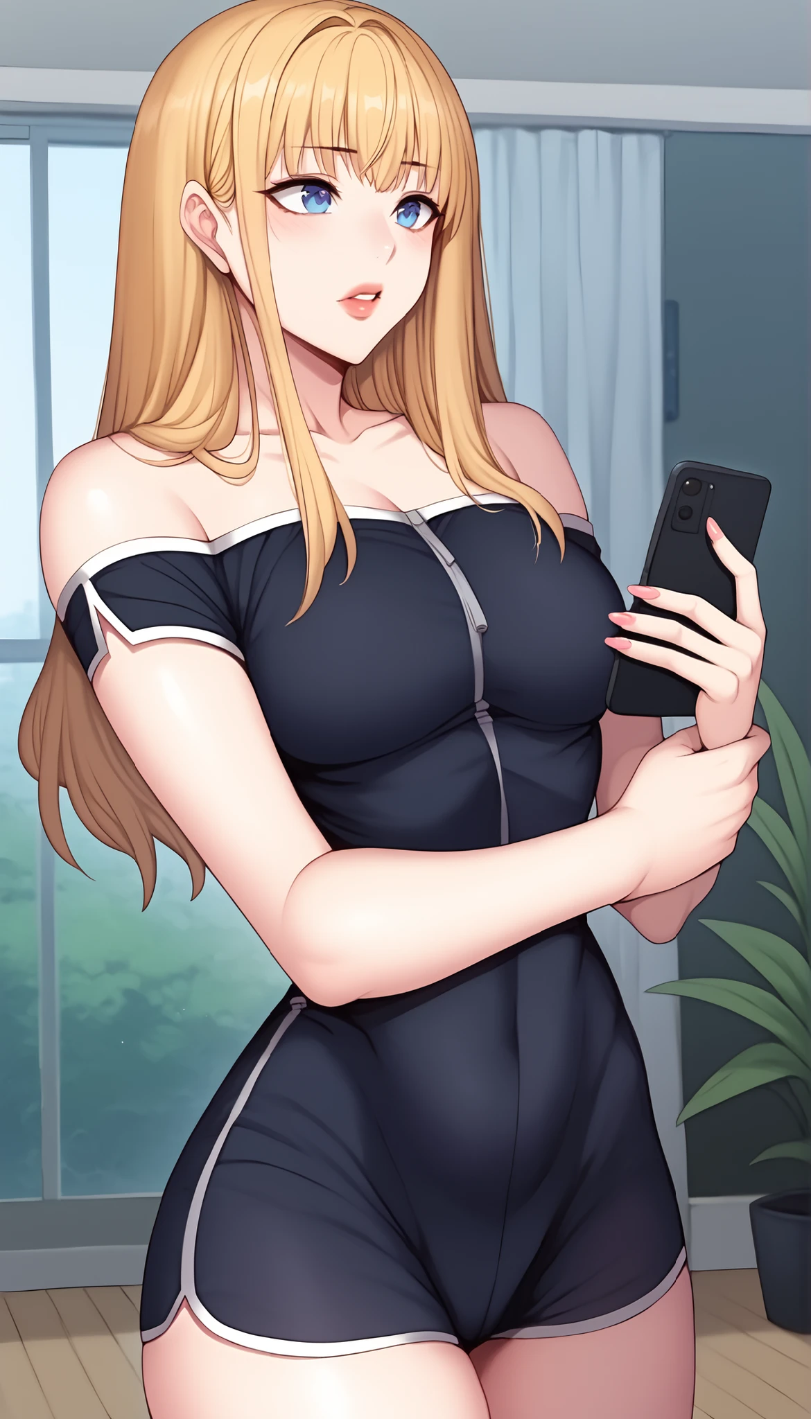 [韩漫]健身教练-俐雅(美女教练)/[manhwa]Fitness coach-LiYa, beautiful pretty adult girl with orange-blonde long hair, forehead hair bangs, big blue eyes, fair natural clean skin, pink nails, small yet slightly plump breasts, a perfect slender-slim body, small waist, and plump light-red lips. She's wearing a revealing tight black mini short off-shoulder tube black dress with attached long tight sleeves and straight neckline, and one hair ribbon on the side. She's standing straight, arms crossed, with a cute plain expression, holding one phone, and is in a big living room. Show from her head to leg calf, SOLO, and super hyper-detailed.