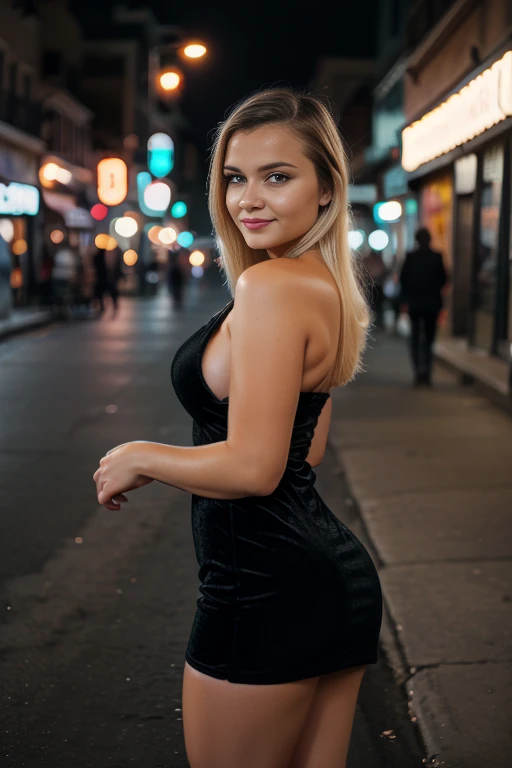 tiro de cuerpo completo, beautiful 24 year old blonde woman, Naricita perfecta, lolalove, linda sonrisa, ojos grises, Asymmetrical hairstyle, usando un vestido dorado brillante, evento de alfombra roja de moda, red neon lights, 18 mm cannon, Noche, Retrato realista, muy detallado, analog style, escote profundo, pechos grandes, photographers around you, Linda Pose