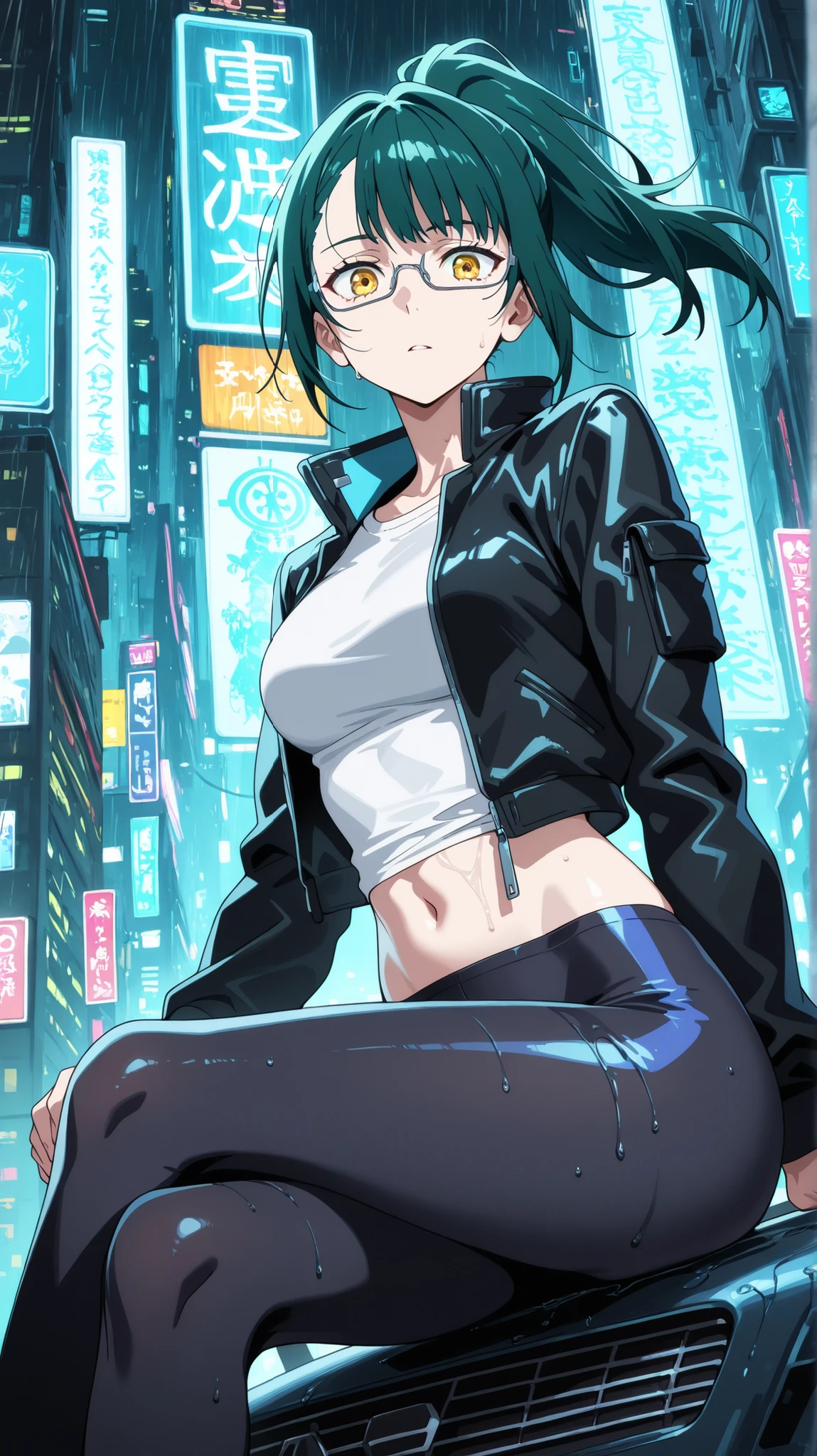 BREAK looking at viewer, BREAK (masterpiece:1.2), best quality, high resolution, unity 8k wallpaper, (illustration:0.8), (beautiful detailed eyes:1.6), extremely detailed face, perfect lighting, extremely detailed CG, (perfect anatomy),Futuristic megacity at night, streets glistening with fresh rain, neon signs reflecting in endless puddles, towering skyscrapers with holographic billboards casting colorful glow on wet asphalt, steam rising from sewer grates,, glass facades distorting the electric glow, 4K ultra-detailed cyberpunk atmosphere, cinematic composition, maki_v1,1girl,green_hair,glasses,ponytail,tight leggings,yellow eyes,white short shirt,navel,black leather jacket,open jacket,cowboy shot,floating hair,sitting on car,cross legs,from below.