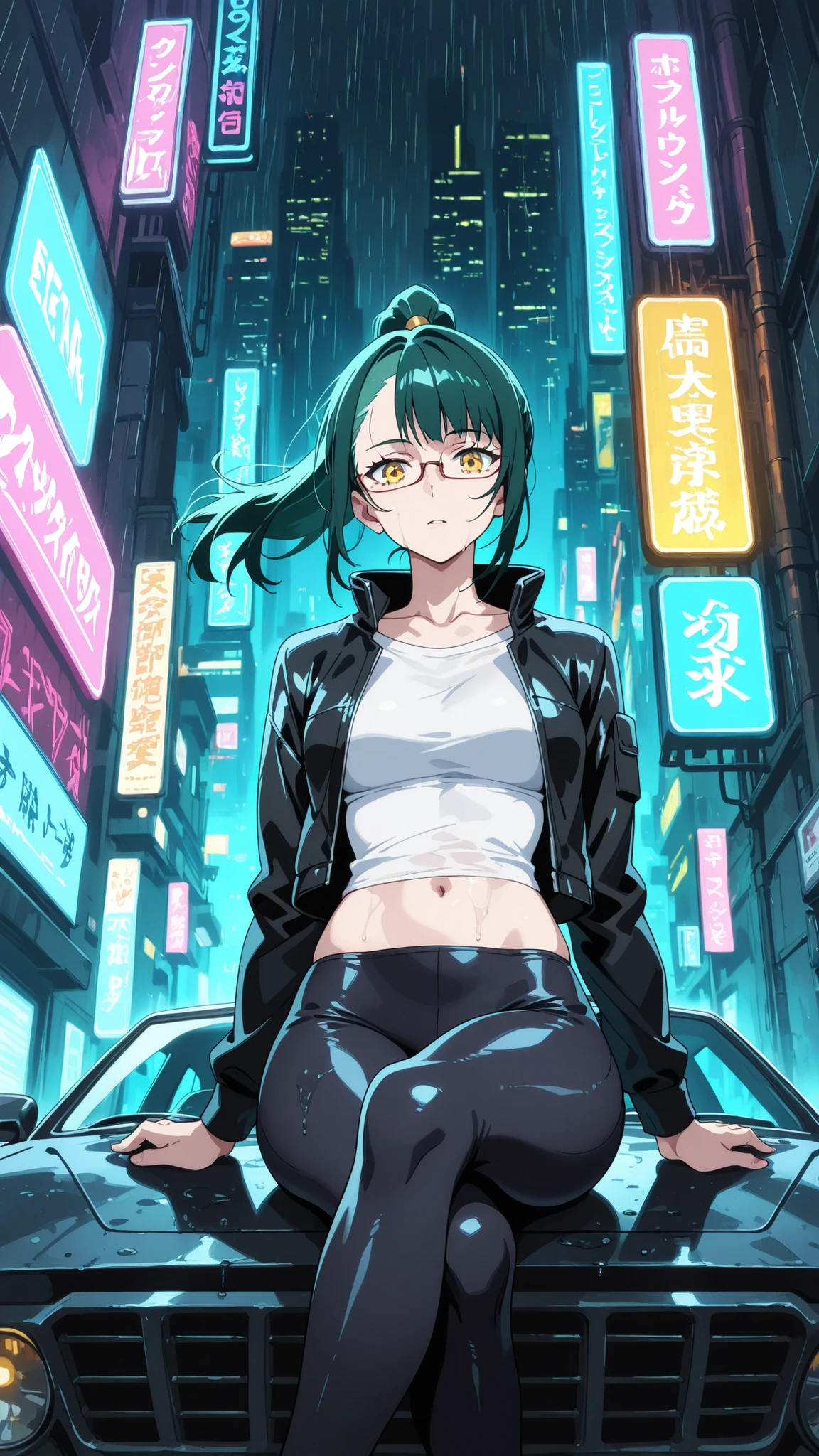 BREAK looking at viewer, BREAK (masterpiece:1.2), best quality, high resolution, unity 8k wallpaper, (illustration:0.8), (beautiful detailed eyes:1.6), extremely detailed face, perfect lighting, extremely detailed CG, (perfect anatomy),Futuristic megacity at night, streets glistening with fresh rain, neon signs reflecting in endless puddles, towering skyscrapers with holographic billboards casting colorful glow on wet asphalt, steam rising from sewer grates,, glass facades distorting the electric glow, 4K ultra-detailed cyberpunk atmosphere, cinematic composition, maki_v1,1girl,green_hair,glasses,ponytail,tight leggings,yellow eyes,white short shirt,navel,black leather jacket,open jacket,cowboy shot,floating hair,sitting on car,cross legs,from below.