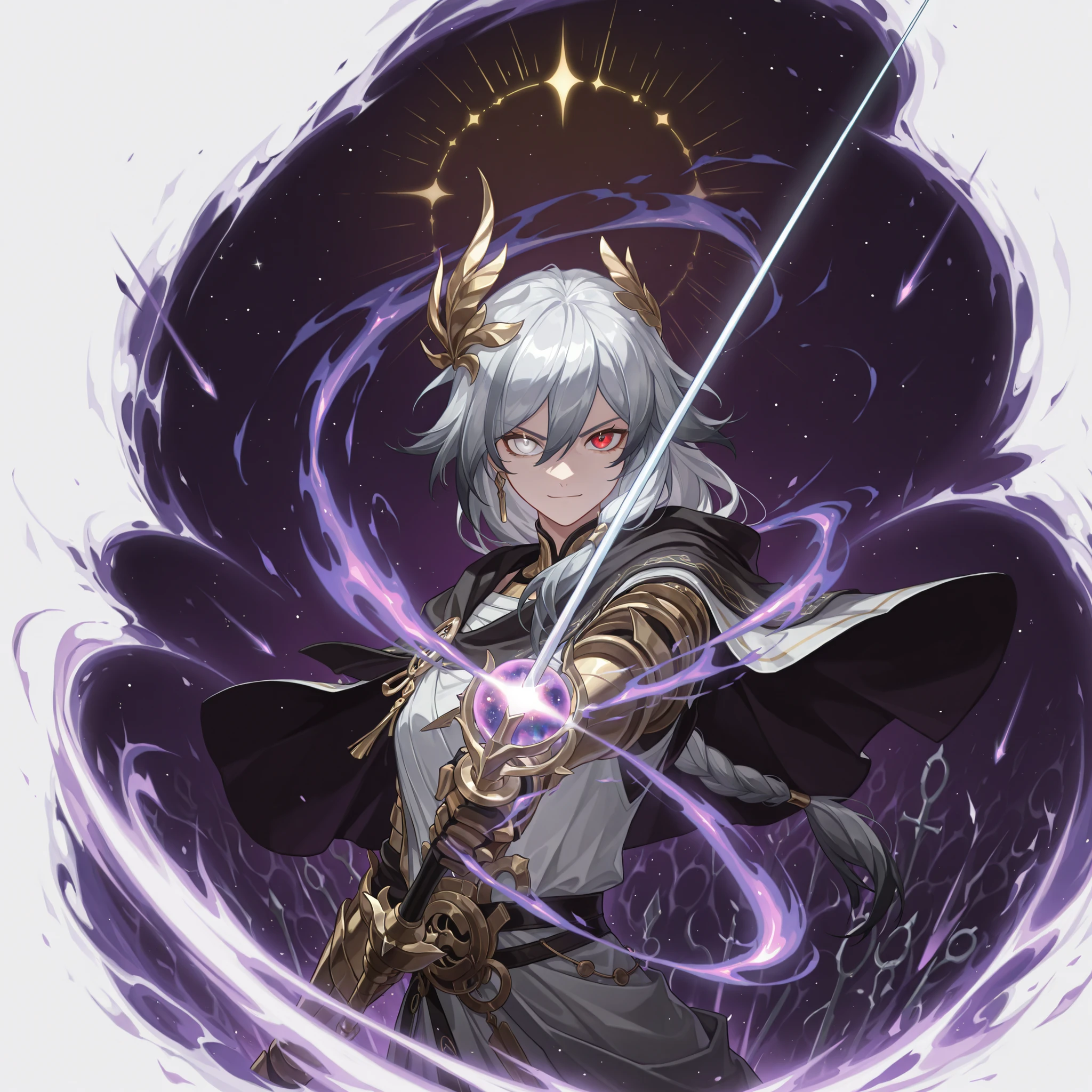in the style of [arknights|(748cmstyle:0 . 5)]
1girl, solo, chaotic background, magic aura background, (FuHua, Fol005, Fh_Hos:0.46), (dynamic pose, upper body focus, portrait, medium shot:1.2),fu hua, white and gold toga, gray hair, white hair braided hair, multicolored hair, white eyes, red eyes, two tone heterochromia, ancient greek clothes, peplos, ,roman god, greco-roman clothes, roman priestess, purple aura, purple energy, surrounded by a nebula of thousands of colours, chaotic crystal energy, crystal pillars, crystal weapons, war priest, french capelet, french royalty,
looking at viewer, smirk, csmicvoid, (void rapier, cosmic shortsword, astral jian, void magic, cosmic magic, astral magic:1.2), surrounded by aura, surrounded by cursed magic, golden scars, golden light,
 god rays, vivid colours, light stream, colour splotches, cinematic shot, mature, young adult, masterpiece, best quality, amazing quality, very aesthetic, high resolution, ultra-detailed, absurdres:0.78)
 