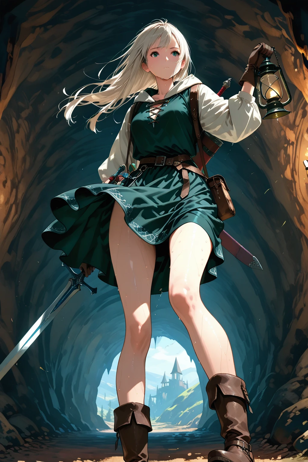 The Witcher 3, Skellige, (Ciri:1.3), (solo:1.5), elegant, pretty, beautiful, delicate features, cute, epic character composition, (confident), sharp focus, natural lighting, subsurface scattering, barely covered, (petite:1.2), (small breasts), magical, shadowed and large green eyes, bright, luminous, detailed shadow, detailed nose, leather choker, (beautiful face), seductive, dynamic pose, full body view. (white top), covered by a brown leather Witcher armor, amulet, sunshine, cold, icy, (Girlish:1.2), windy hair
