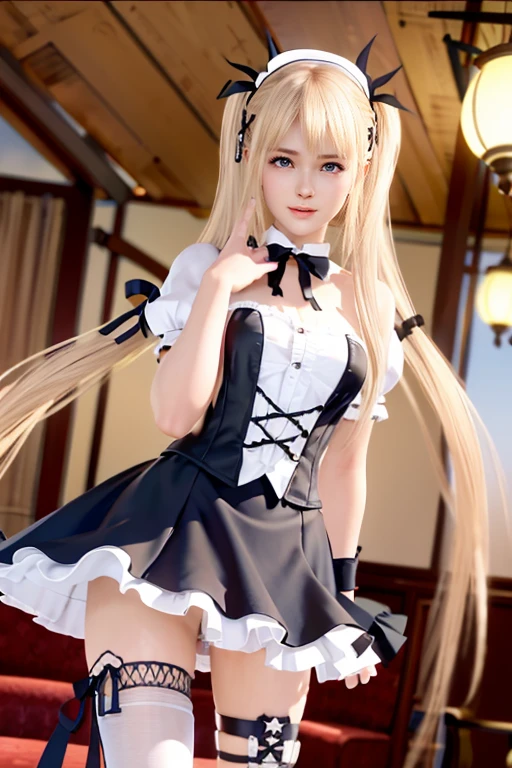 Blonde、Beautiful young woman、Twin tails、Yellow ribbon hair accessory、Realistic beautiful fingers、Black fishnet stockings、Light clothing in summer