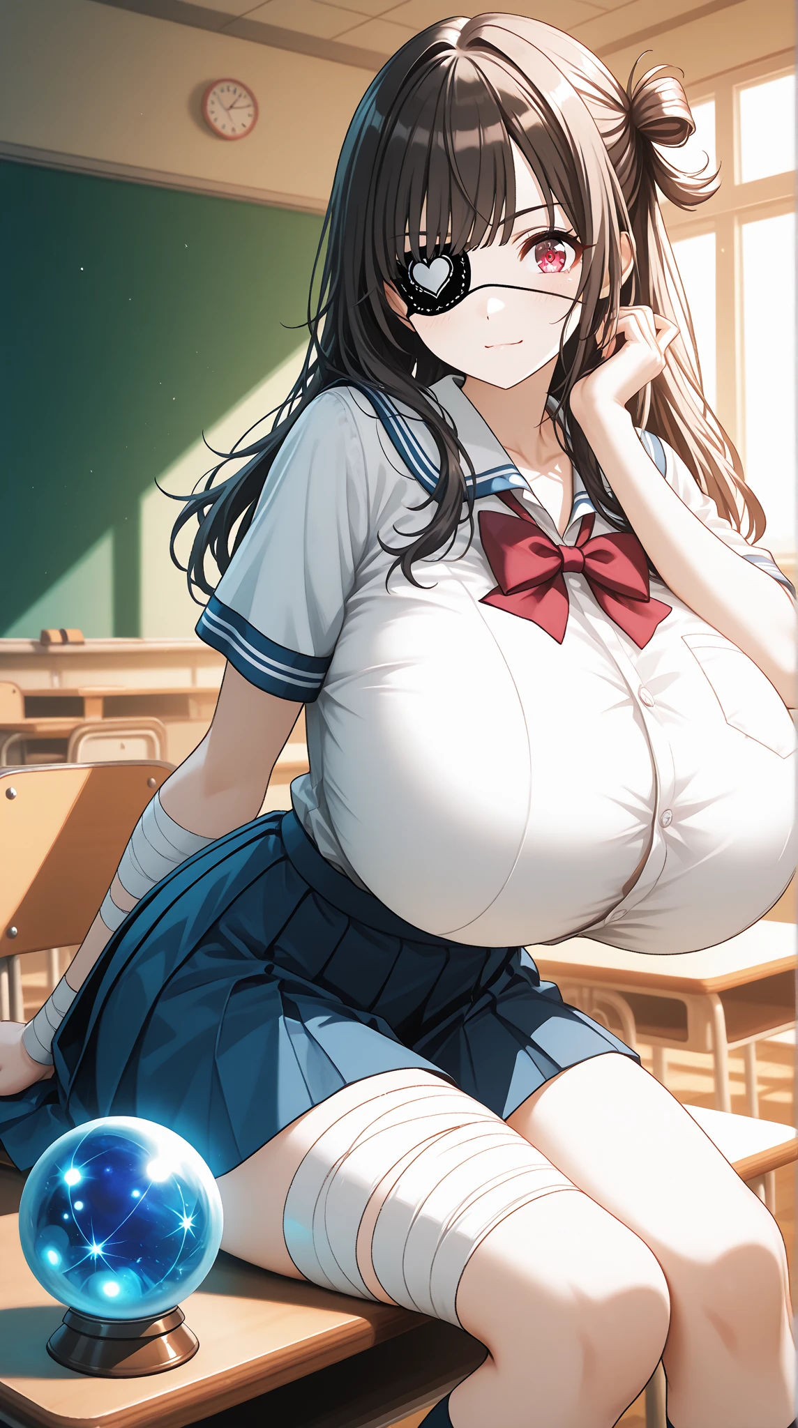 masterpiece, best quality, 1girl, (black hair, long hair, black eyes:1.2), cute, (school uniform, clothes way too small, extremely tight clothes:1.3), classroom, (curvy, slim waist, bottomheavy, gigantic thighs, extremely wide hips:1.1), (gigantic breasts, bursting breasts, button gap:1.2)