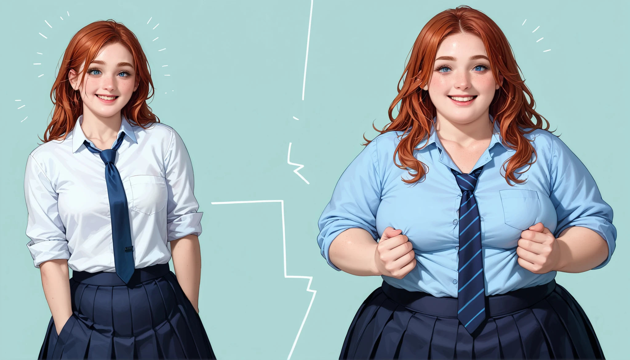 score_9, score_8_up, score_7_up, before and after weight gain sequence of young schoolgirl, ((school uniform)), cute, long hair, redhead, freckles, light smile, skinny, thin, weight gain, sequence, (chubby), plump, (fat), (round face), ((double chin)), (((light blue button down shirt))), ((collarbone)), (((tie))), ((rolled sleeves)), chest pockets, short dark skirt, realistic