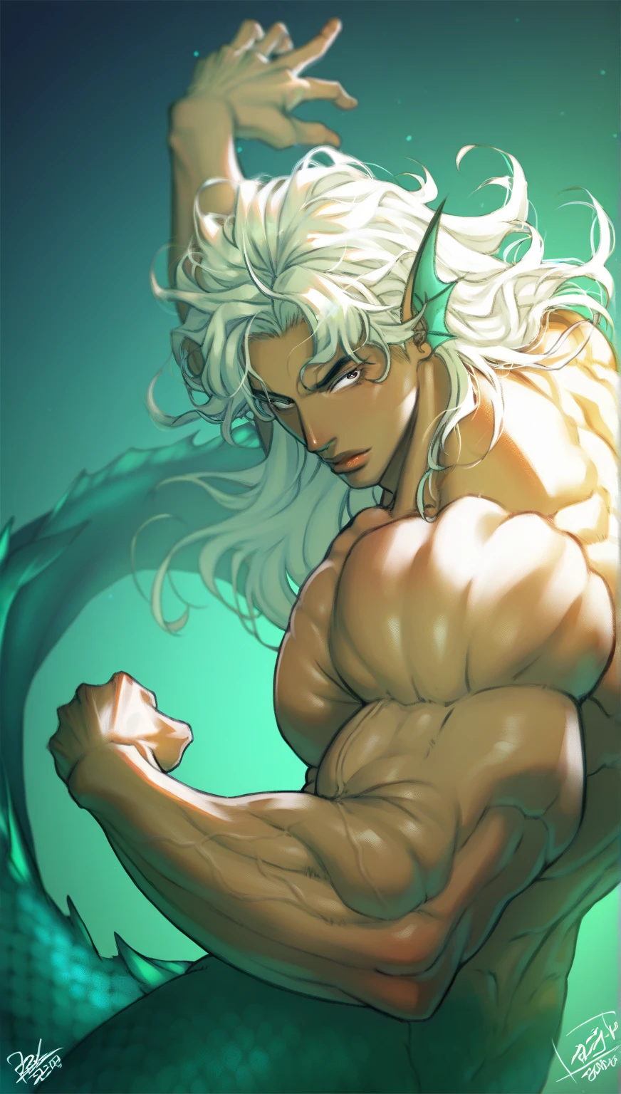 I stand six foot and six inches in height. I have long white hair tied up neatly. My eyes are yellow, with snake-like slits for pupils, like those of the basilisk. My body is sculpted to perfection, like that of an adonis, with muscles that ripple under the sun's light. My skin is bronze-like.