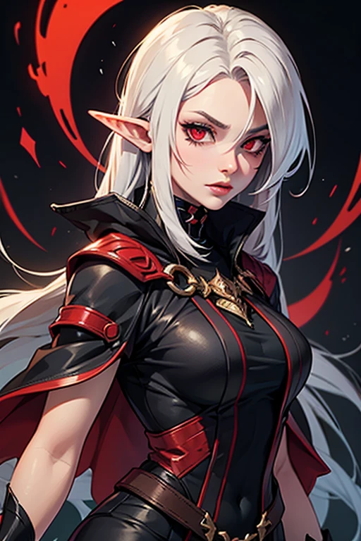 (extremely delicate and beautiful:1.2),highres, masterpiece, 1girl, bangs, red eyes, blurry, blurry background, long red ponytail, elf ears, closed mouth, from side, hair covering left eye, flames, light particles, ornate black knight armor, ragged cape, looking at viewer, medium hair, night, solo, cross \(symbol\), upper body,smile,red lips