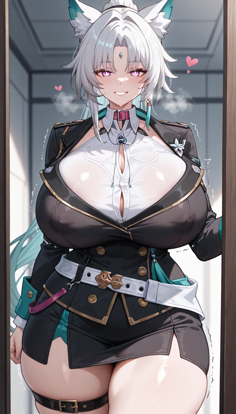 1 mechanical woman,silver hair,green eye,very short straight hair,blunt bangs,gigantic breasts,orgasm,smile,saliva,parted lips,topless,bottomless,mechanical arms,mechanical legs,breast milk,from left in front,standing,open legs,sweat,pussy juice,vibrator,woman's masturbation,bathroom,