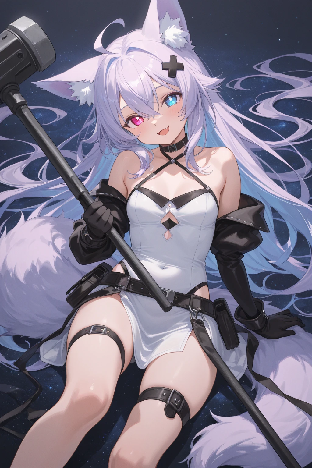 cat ear，long  white hair，High ponytail，shackle，Hands behind your back，With a collar around the neck，mini-skirts，black lence stockings，Lie on the ground，Looking at you，weeping，Stick out your tongue，Big tits，does not wear panties，Lick the milk on the ground，Secure with a rope，white liquid on your face，White liquid on the thighs，There is a white liquid on the panties，cleavage，wide open thighs